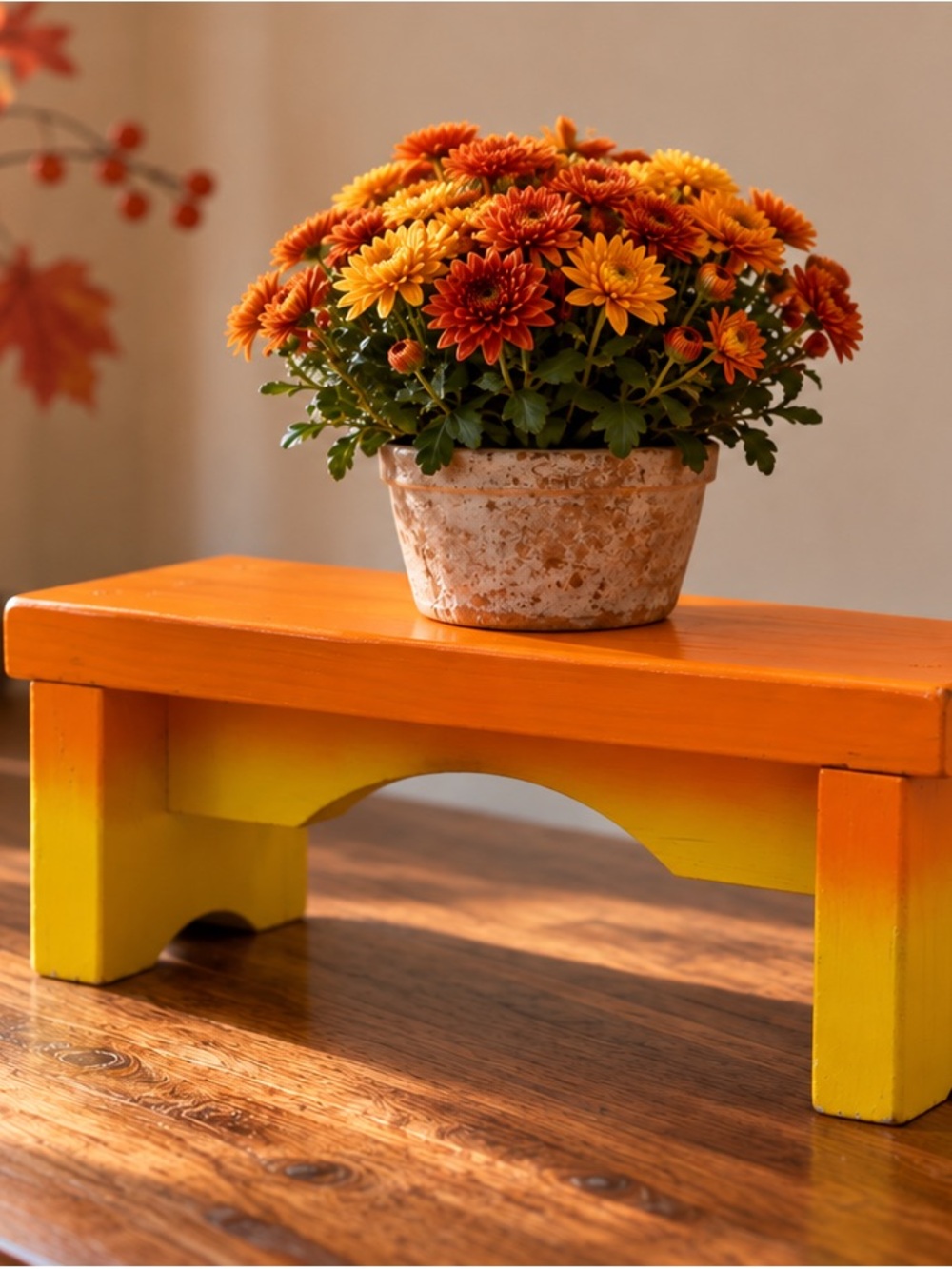 Orange and Yellow Wooden Accent Stool with Fall Floral Styling